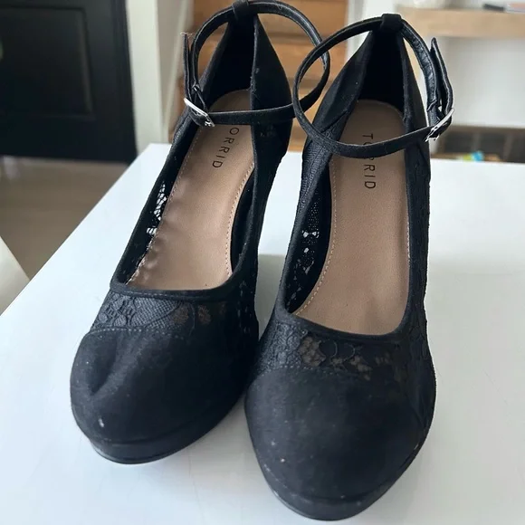Torrid Black Lace Ankle Strap Platform Wedge Shoes 8 1/2 W Wide - Picture 7 of 10